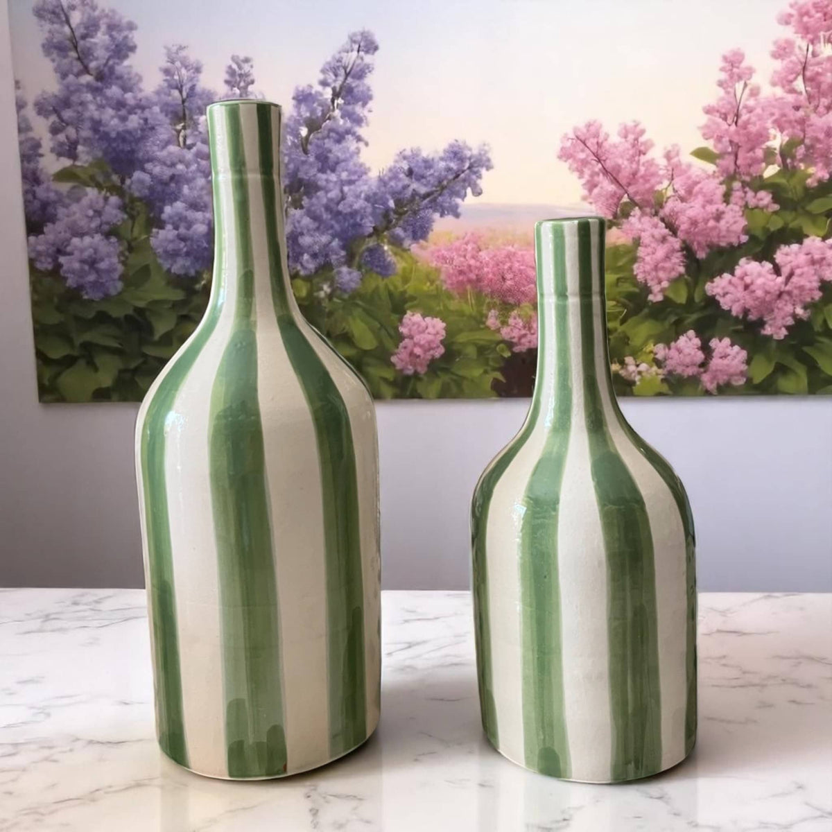 Bring a Natural Touch with This Handcrafted Green & White Striped Vase (24 cm / 28 cm)