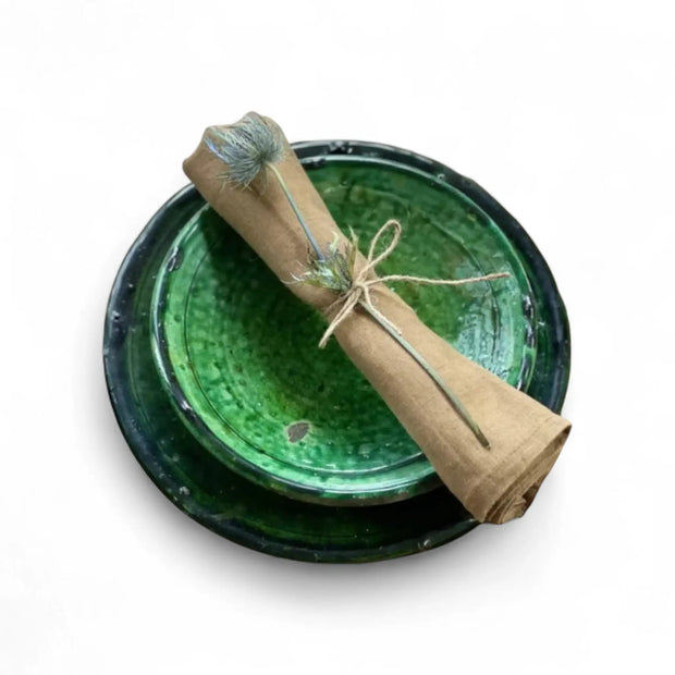 Green ceramic plate with a rolled-up paper towel on a white background