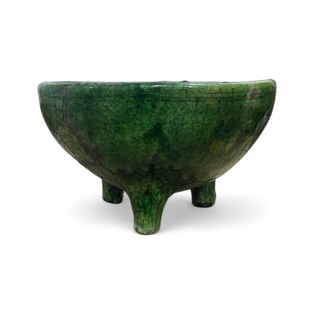 Green ceramic bowl Planter with three legs on a white background