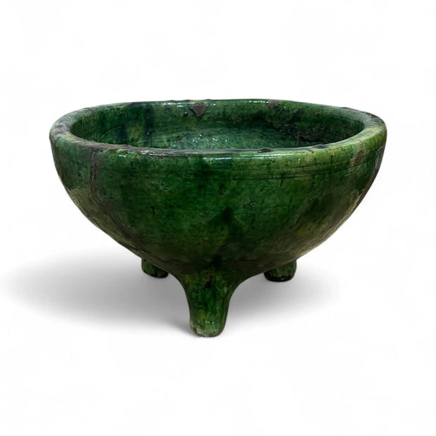 Green ceramic bowl Planter with three legs on a white background