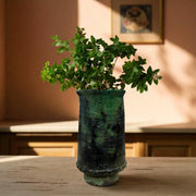 Green vase with a plant on a wooden table in a softly lit room.