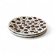 Two ceramic plates with leopard print design on a white background
