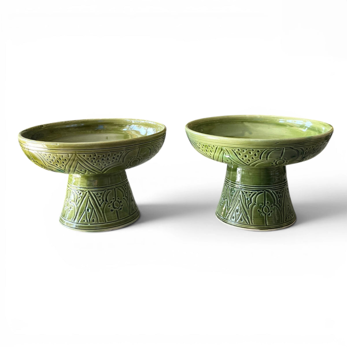 Handmade green ceramic pedestal bowl with hand-engraved Moroccan patterns