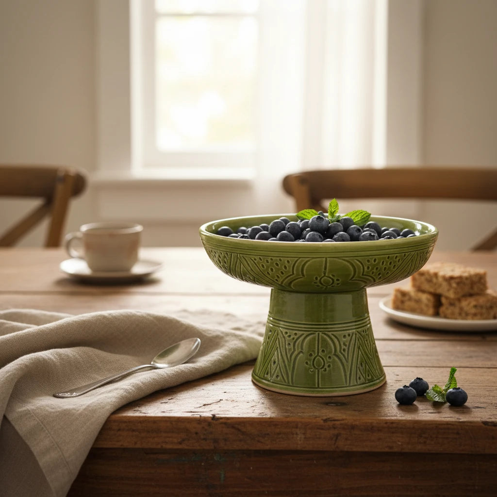 Handmade green ceramic pedestal bowl with hand-engraved Moroccan patterns