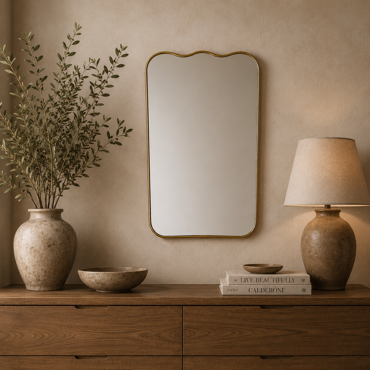 Handmade scalloped wall mirror with a slim antique brass frame for bathroom, bedroom, or entryway.
