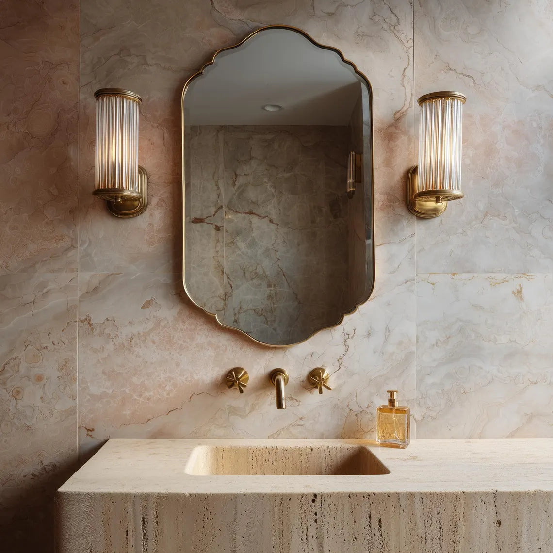 Handmade antique brass decorative wall mirror with Moroccan inspired scalloped silhouette.
