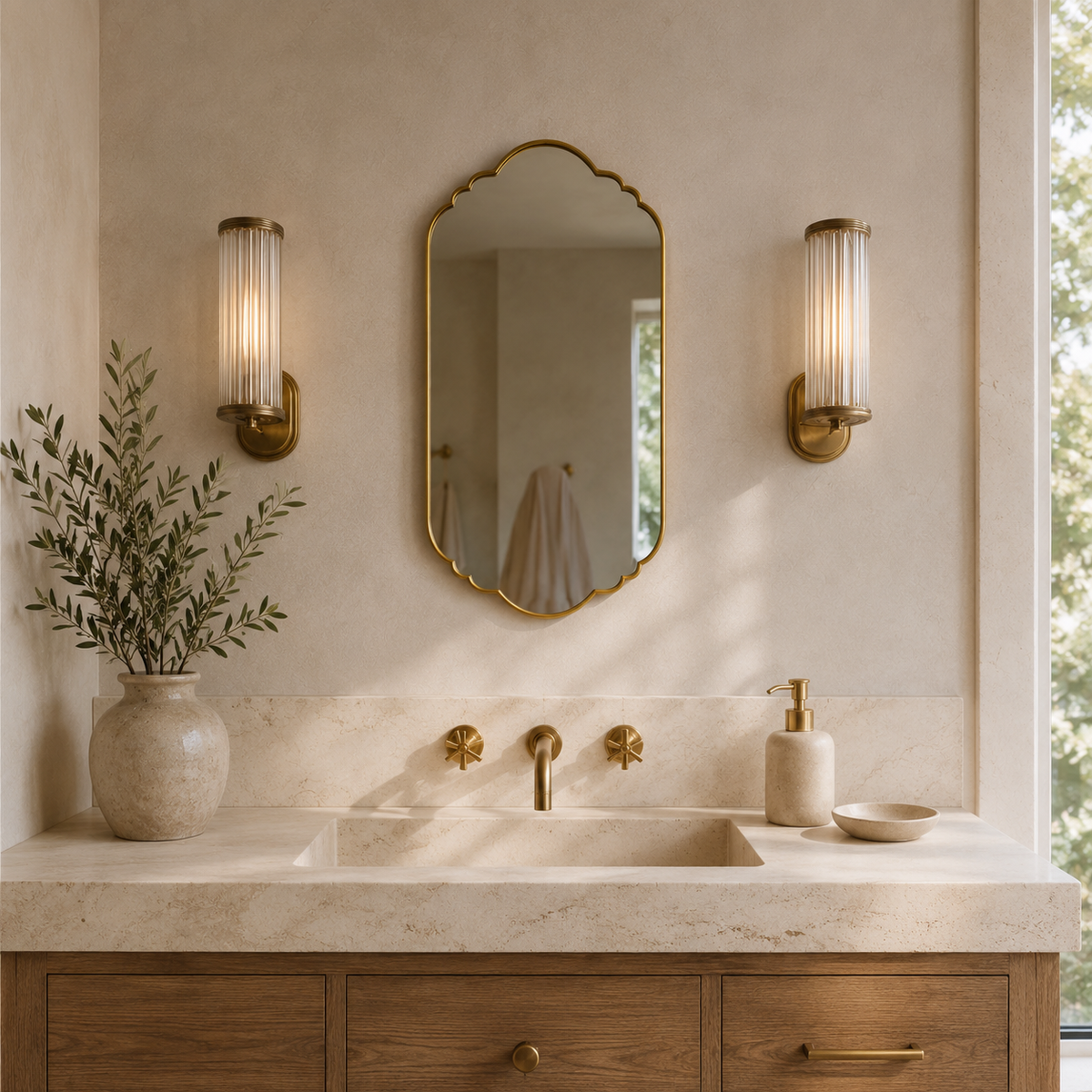 Handmade antique brass decorative wall mirror with Moroccan inspired scalloped silhouette.