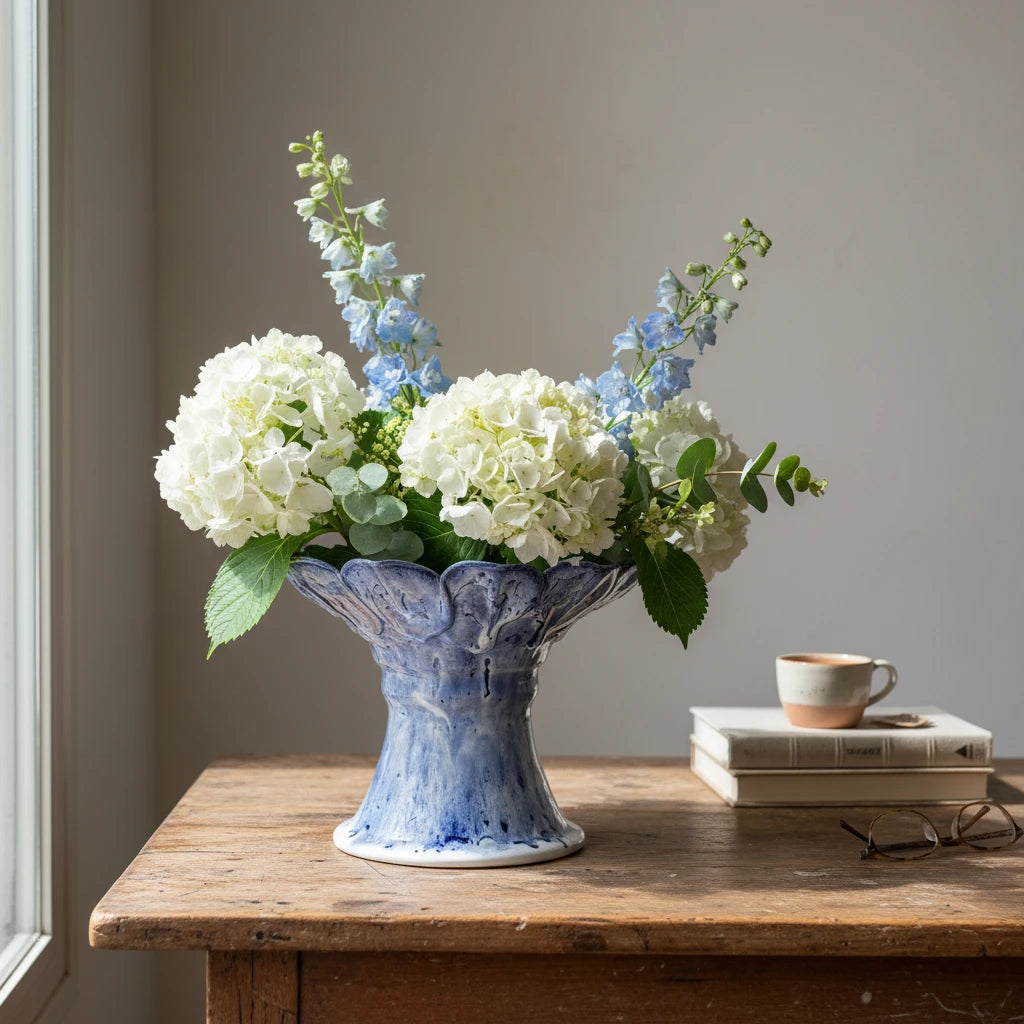 Handmade blue ceramic pedestal bowl with flower-inspired sculptural design