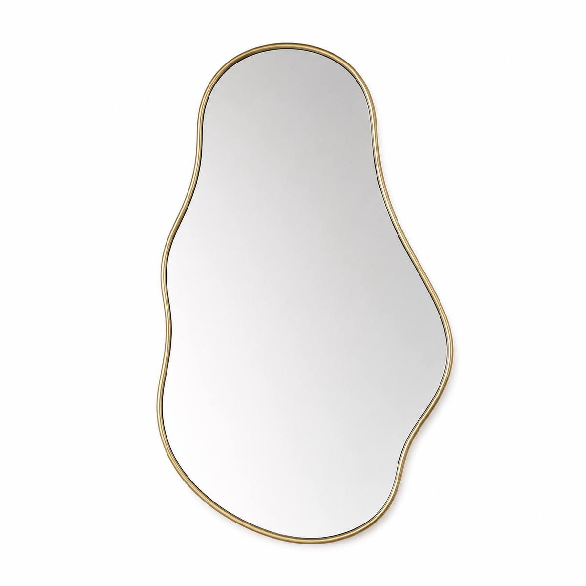 Handmade organic brass wall mirror with an irregular freeform shape that can be hung in either orientation.