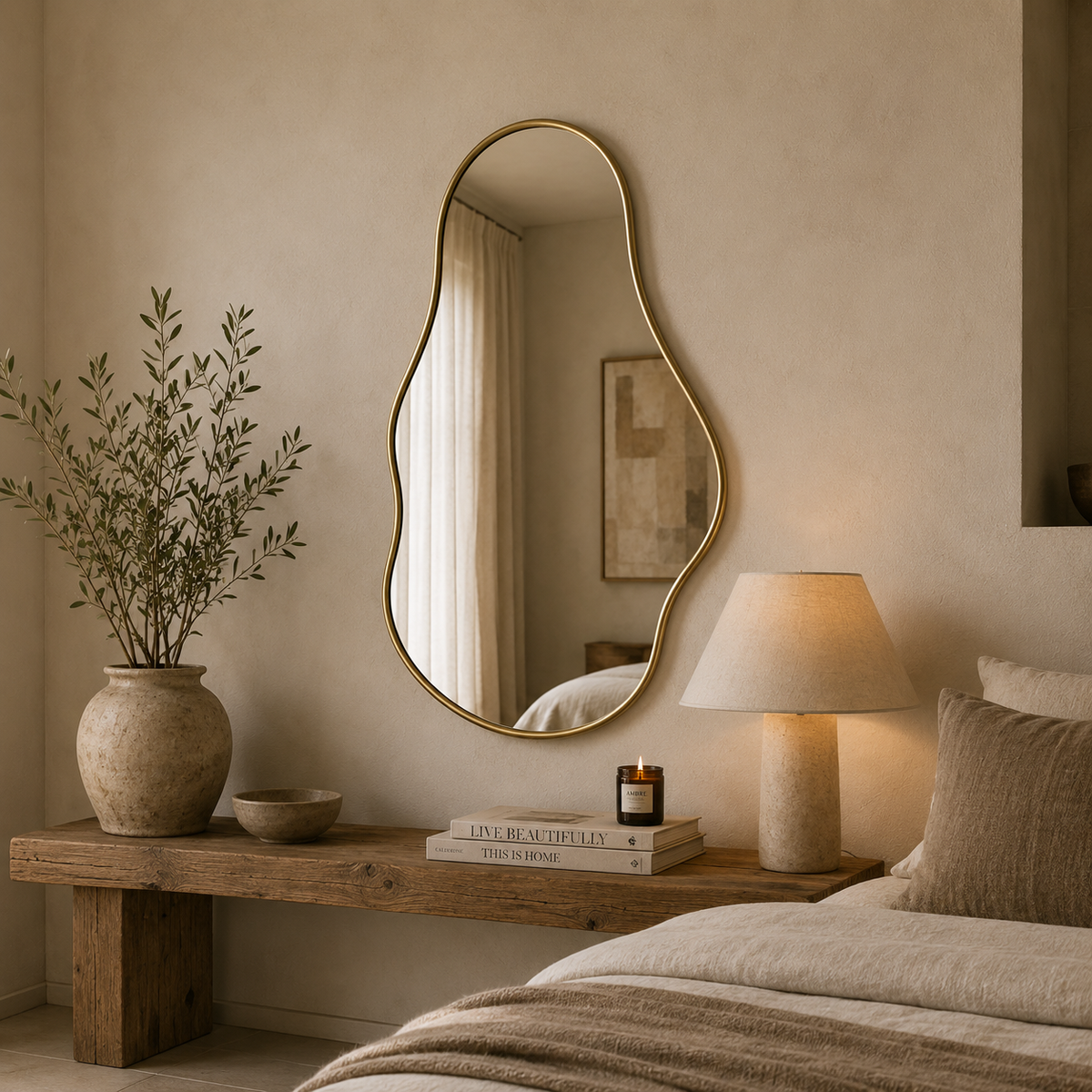 Handmade organic brass wall mirror with an irregular freeform shape that can be hung in either orientation.
