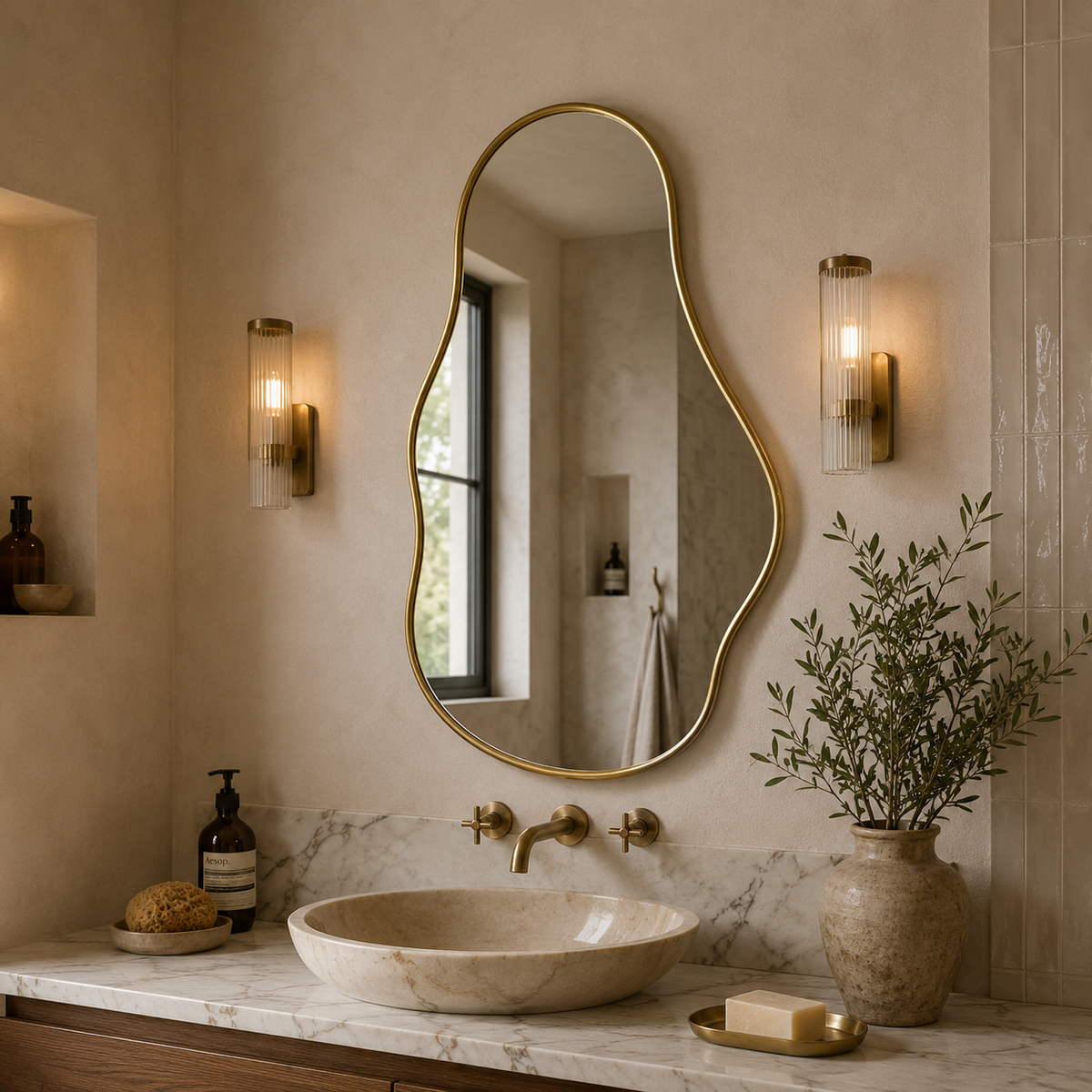 Handmade freeform brass wall mirror with an organic asymmetrical shape and slim brass frame.
