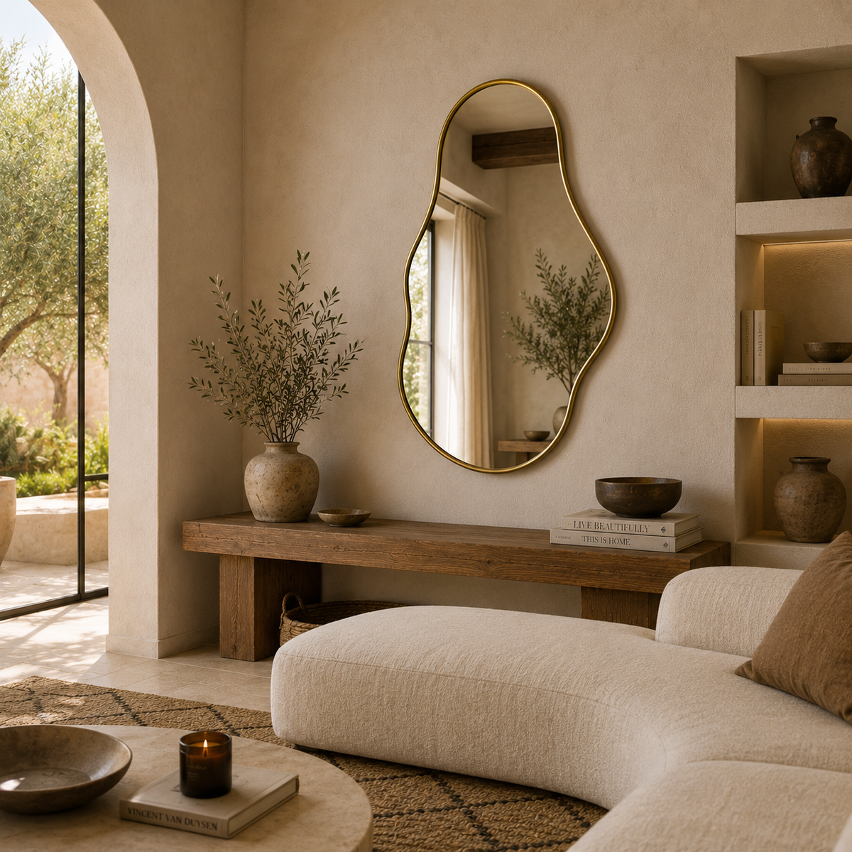 Handmade organic brass wall mirror with an irregular freeform shape that can be hung in either orientation.