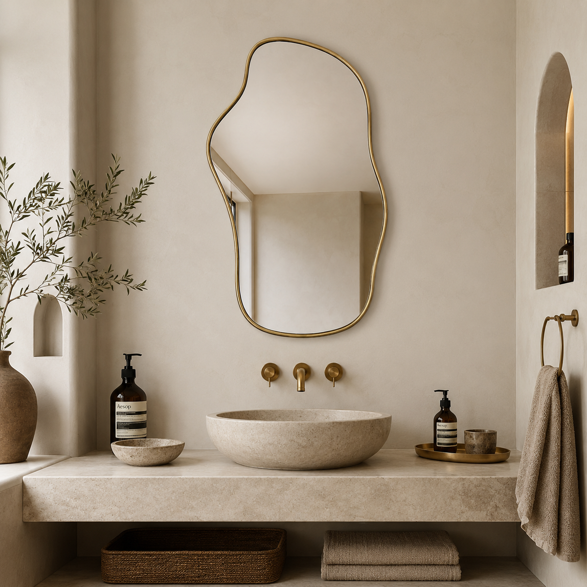 Handmade organic brass wall mirror with an irregular freeform shape that can be hung in either orientation.