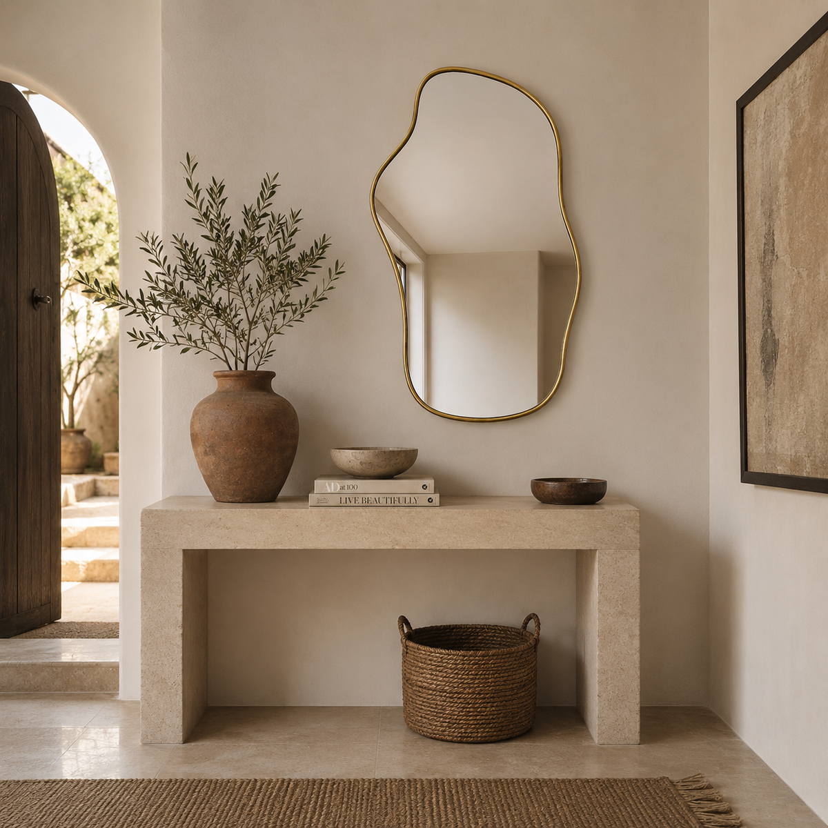 Handmade organic brass wall mirror with an irregular freeform shape that can be hung in either orientation.