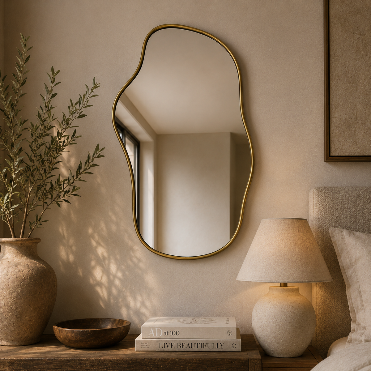 Handmade organic brass wall mirror with an irregular freeform shape that can be hung in either orientation.