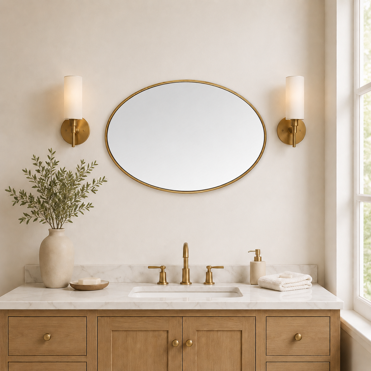 Handmade horizontal oval brass wall mirror with slim antique brass frame for bathroom, vanity or entryway.