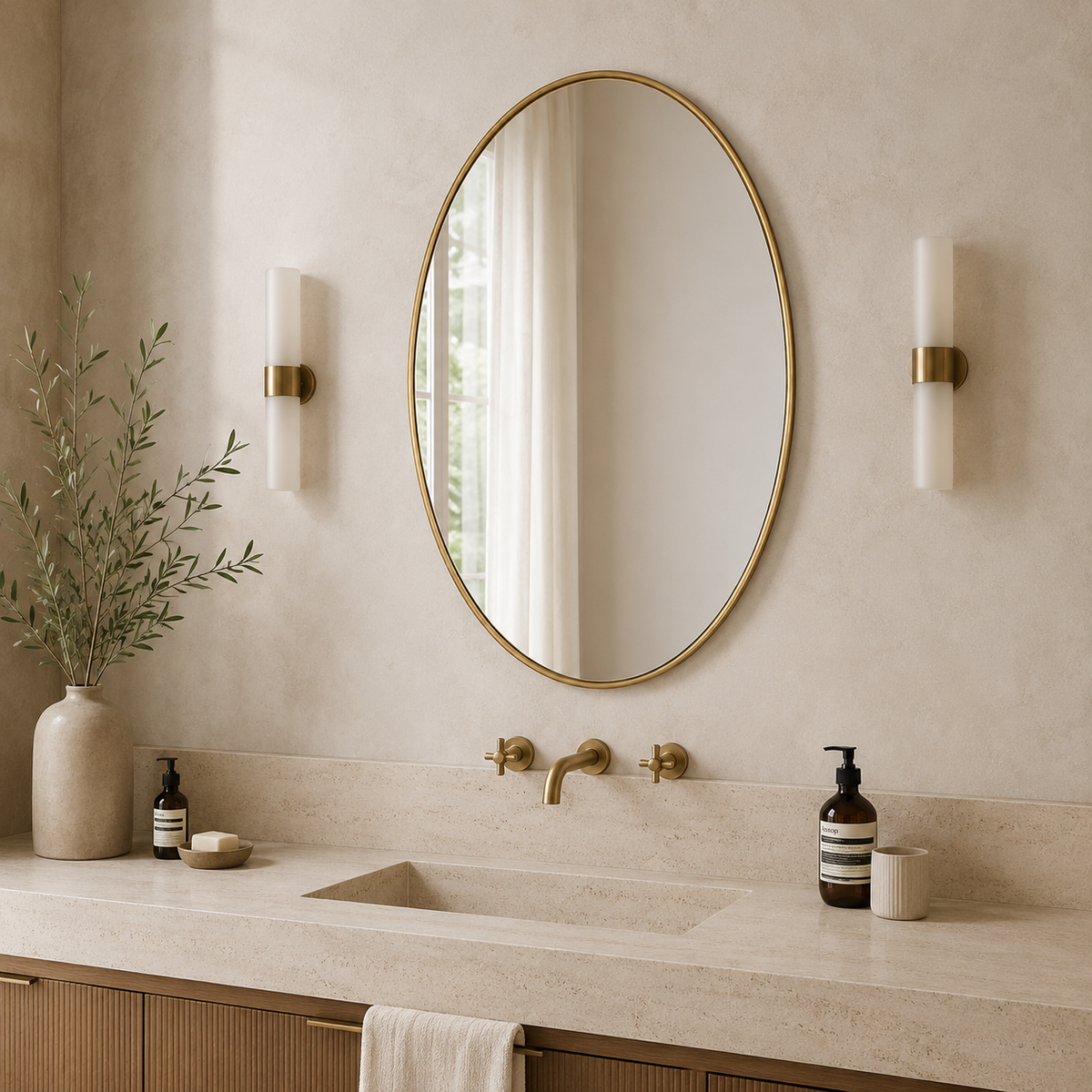 Handmade oval brass wall mirror with slim antique brass frame for bathroom, vanity, bedroom or entryway.