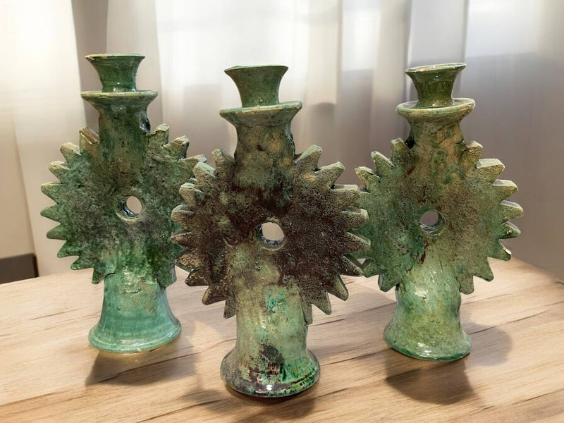 Handmade Tamegroute Green Ceramic Candle Holders - Sun Design