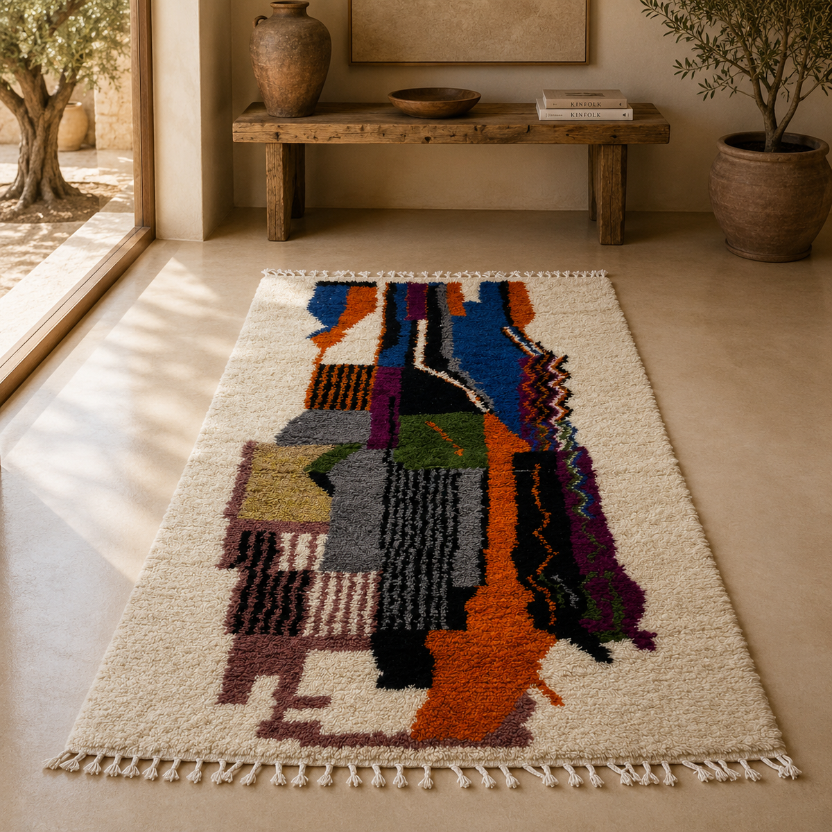 Handwoven Moroccan Azilal Carpet – Earth & Sky Abstraction (255 × 137 cm)