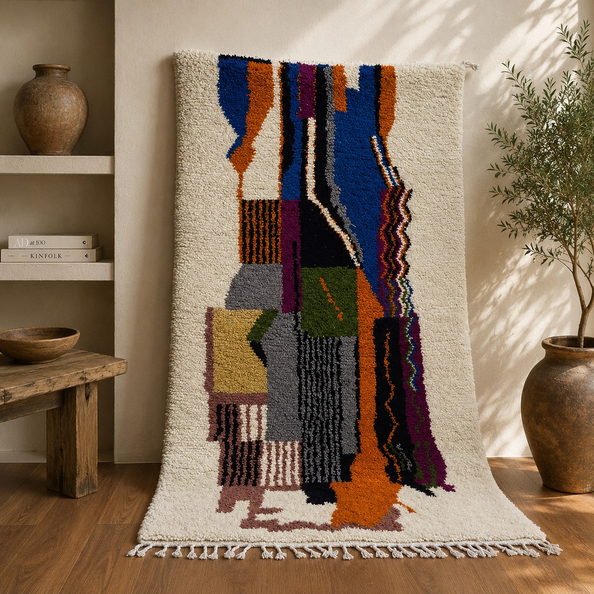 Handwoven Moroccan Azilal Carpet – Earth & Sky Abstraction (255 × 137 cm)
