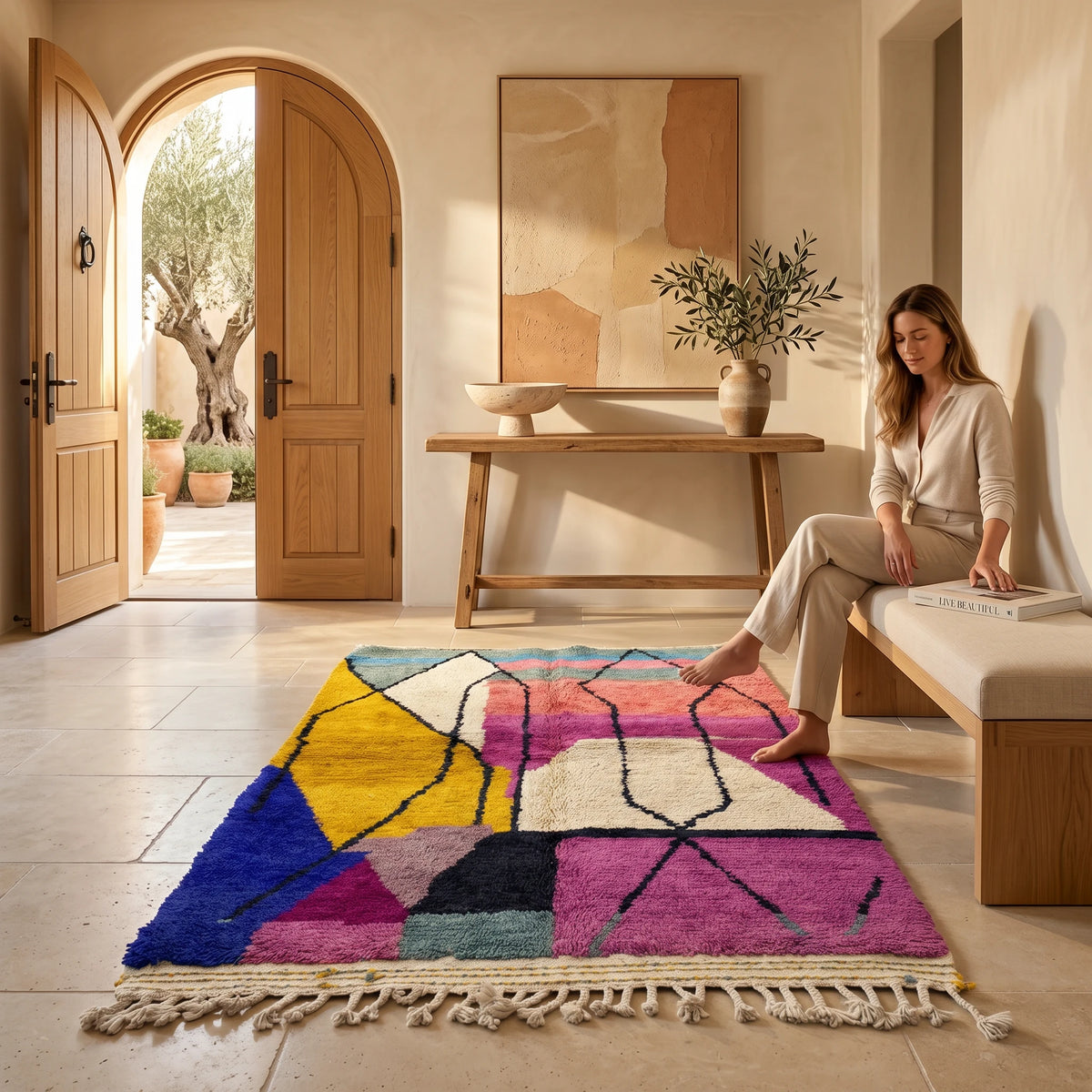 Handwoven Moroccan Bjaad Carpet – Architectural Abstraction (252 × 165 cm)