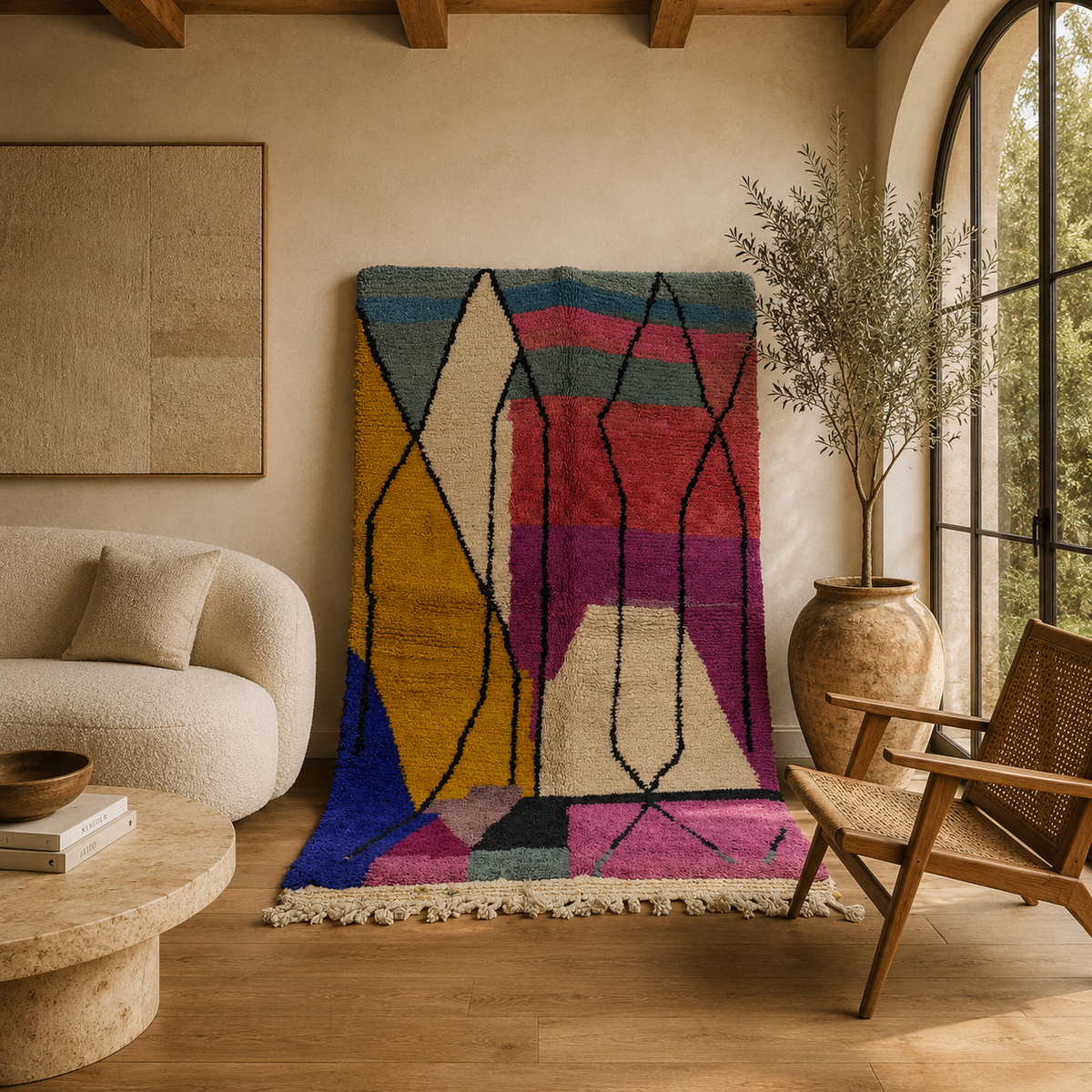 Handwoven Moroccan Bjaad Carpet – Architectural Abstraction (252 × 165 cm)

