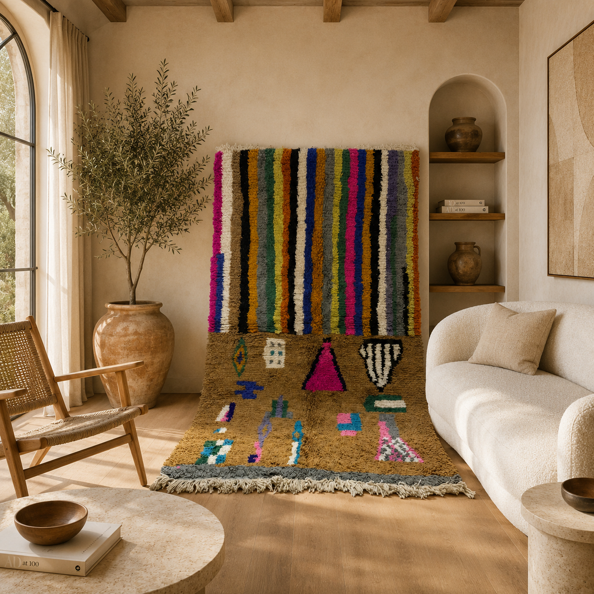 Handwoven Moroccan Bjaad Carpet – Desert Glyphs Design (240 × 160 cm)
