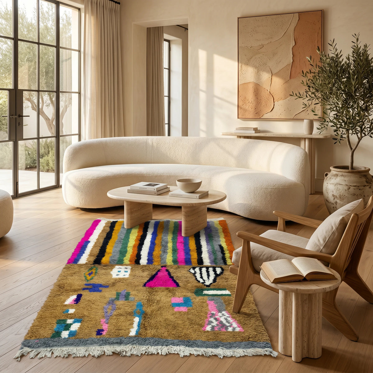 Handwoven Moroccan Bjaad Carpet – Desert Glyphs Design (240 × 160 cm)
