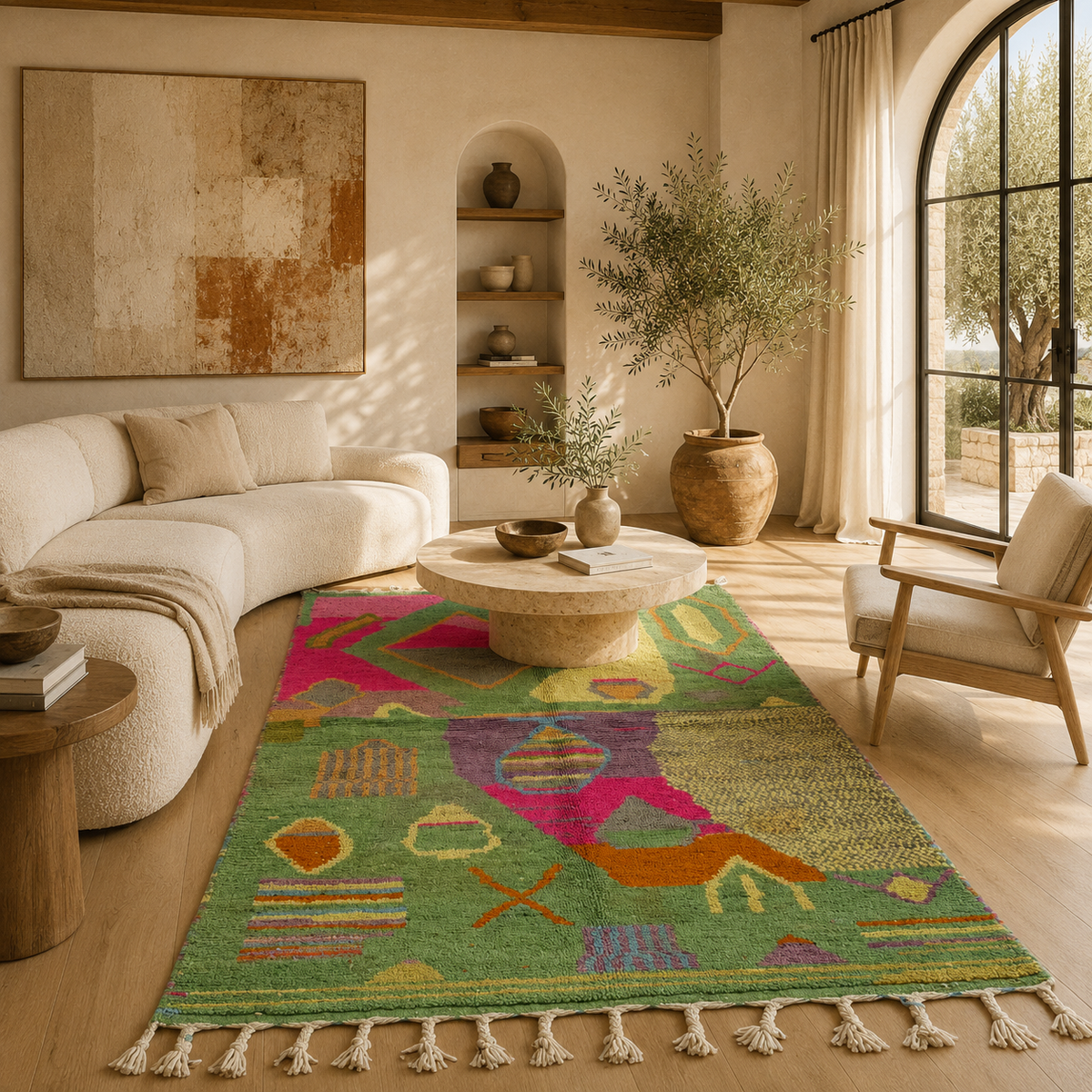 Handwoven Moroccan Bjaad carpet with abstract garden-inspired geometric motifs in multicolor wool, 250 × 150 cm