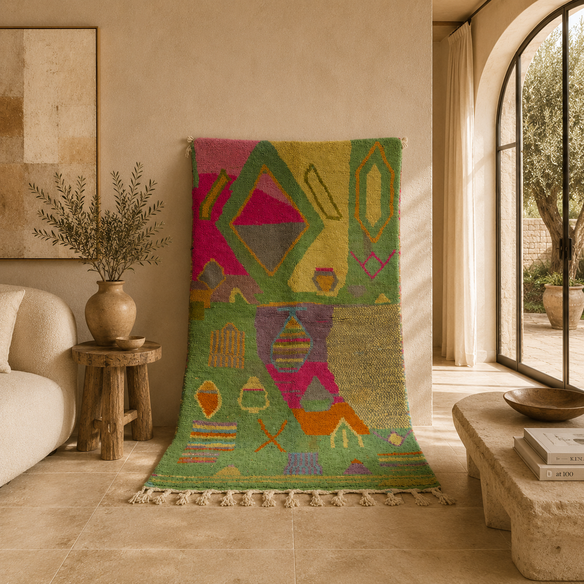 Handwoven Moroccan Bjaad carpet with abstract garden-inspired geometric motifs in multicolor wool, 250 × 150 cm