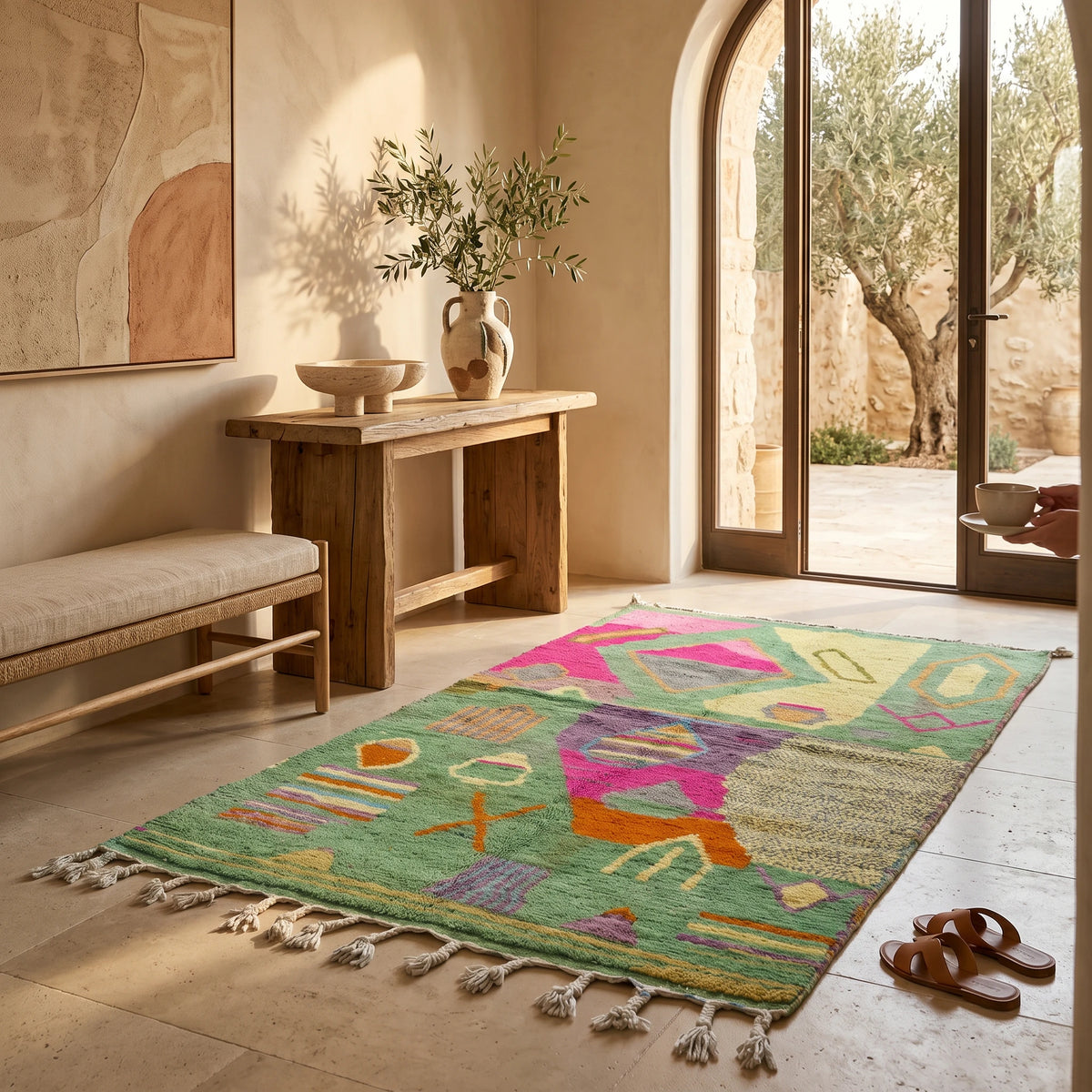 Handwoven Moroccan Bjaad carpet with abstract garden-inspired geometric motifs in multicolor wool, 250 × 150 cm
