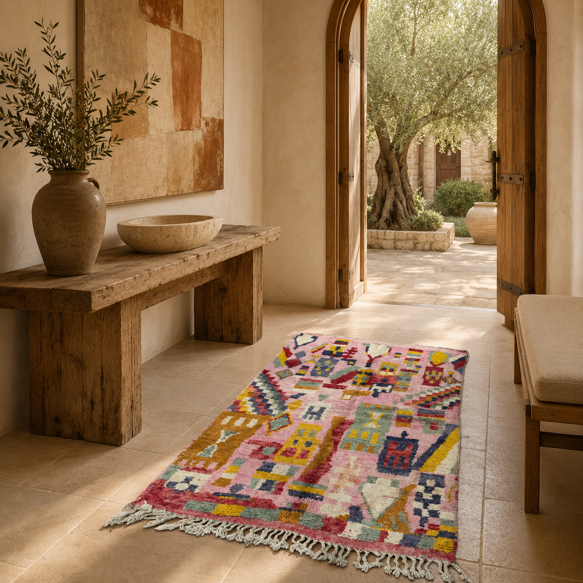 Handwoven Moroccan Bjaad Carpet – Pink Medina Mosaic (266 × 159 cm)
