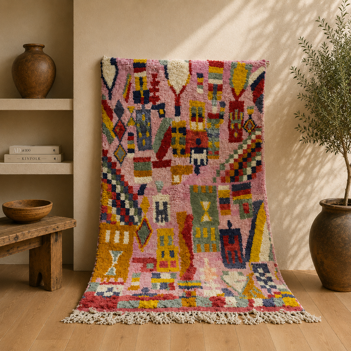 Handwoven Moroccan Bjaad Carpet – Pink Medina Mosaic (266 × 159 cm)
