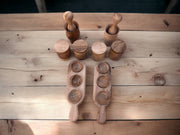 Moroccan Walnut Wood Spices Pack, Spices Accessories, Mortar and Pestle, two wooden Spice Trays, Wooden Spice Jars with accompanying spoons.