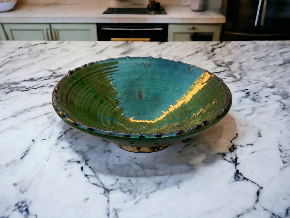 Tamegroute Bowls, Handmade Bowls, Bowls Green Glazed Pottery, Pedestal Bowl, Serving bowls, Salad Bowls, nesting bowls handmade in Morocco