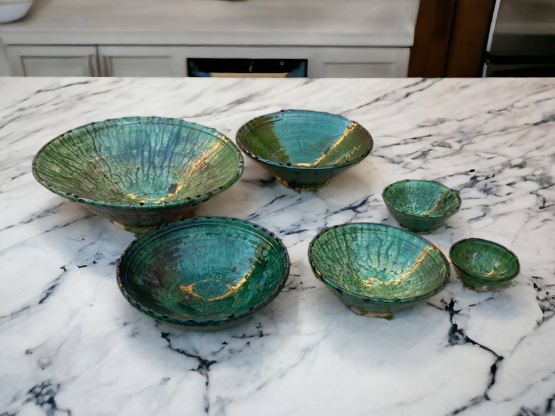 Tamegroute Bowls, Handmade Bowls, Bowls Green Glazed Pottery, Pedestal Bowl, Serving bowls, Salad Bowls, nesting bowls handmade in Morocco