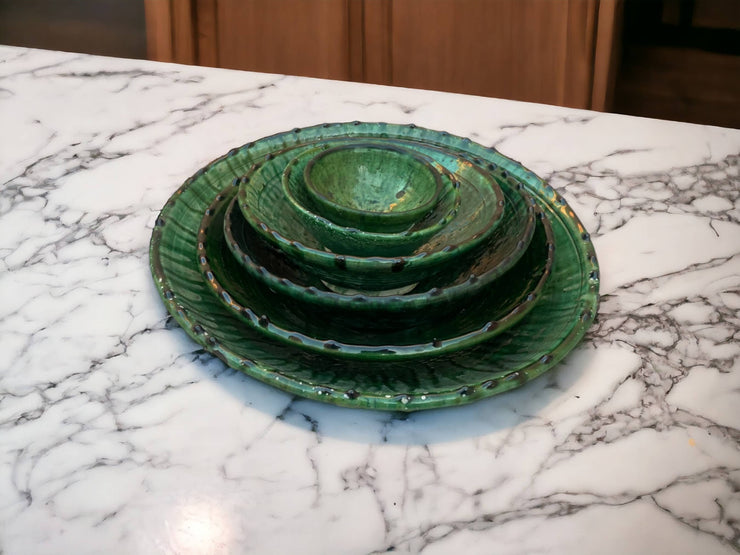 Tamegroute Bowls, Handmade Bowls, Bowls Green Glazed Pottery, Pedestal Bowl, Serving bowls, Salad Bowls, nesting bowls handmade in Morocco