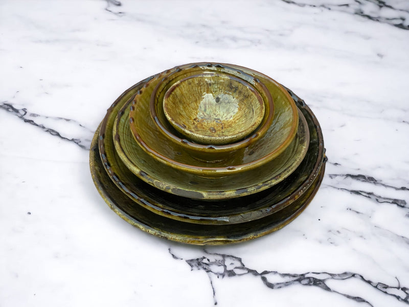 Tamegroute Bowls, Handmade Bowls, Bowls Ochre Glazed Pottery, Pedestal Bowl, Serving bowls, Salad Bowls, nesting bowls handmade in Morocco
