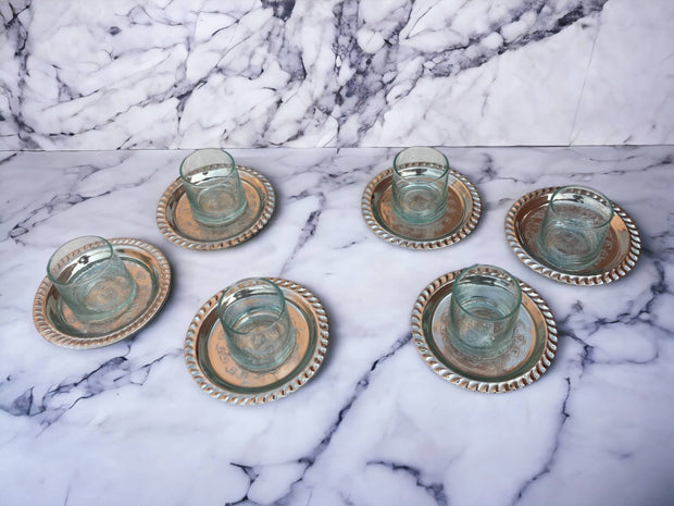 Handcrafted Brass Moroccan metal Coasters Set Of 6, Solid Brass Coasters & Serving Tray Bundle, Copper Coasters, Silver Plated Coasters