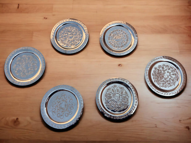 Handmade Silver Moroccan metal coasters, Set Of 6, Solid Brass Coasters & Serving Tray Bundle, Brass Copper Coasters, Silver Plated Coasters