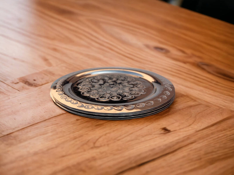 Handmade Silver Moroccan metal coasters, Set Of 6, Solid Brass Coasters & Serving Tray Bundle, Brass Copper Coasters, Silver Plated Coasters