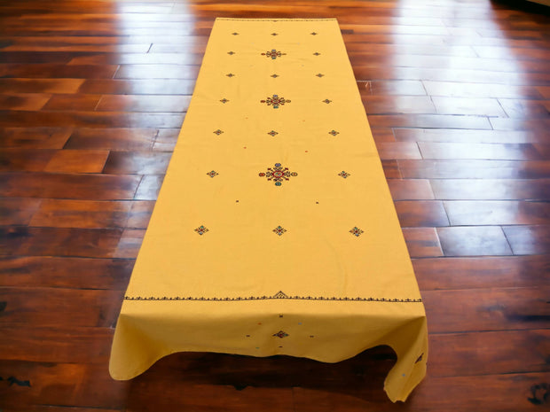 Rectangular Hand Embroidered Table cloth and 12 napkins, Moroccan Embroidered Linen, heartwarming gift, Yellow Embroidered cotton tablecloth.