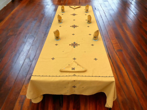 Rectangular Hand Embroidered Table cloth and 12 napkins, Moroccan Embroidered Linen, heartwarming gift, Yellow Embroidered cotton tablecloth.