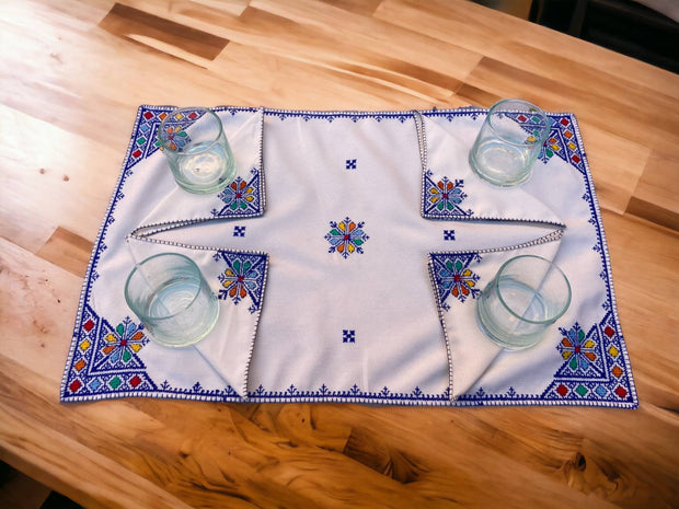 Embroidered Tray Cover & Napkins, Authentic Moroccan Hand embroidered linen Tray cloth + 6 napkins, Tray Cover, heartwarming gift.