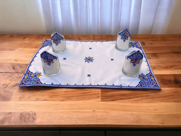 Embroidered Tray Cover & Napkins, Authentic Moroccan Hand embroidered linen Tray cloth + 6 napkins, Tray Cover, heartwarming gift.