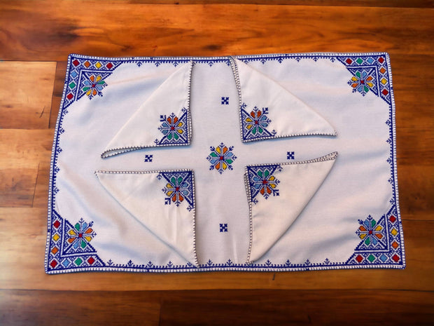 Embroidered Tray Cover & Napkins, Authentic Moroccan Hand embroidered linen Tray cloth + 6 napkins, Tray Cover, heartwarming gift.