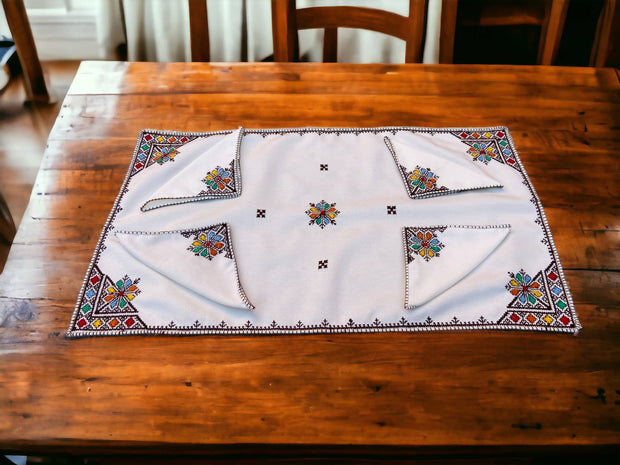 Embroidered Tray Cover & Napkins, Authentic Moroccan Hand embroidered linen Tray cloth + 6 napkins, Orange Tray Cover, heartwarming gift.