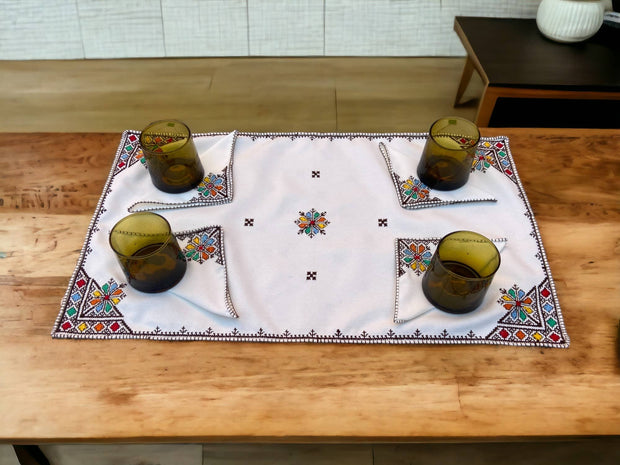 Embroidered Tray Cover & Napkins, Authentic Moroccan Hand embroidered linen Tray cloth + 6 napkins, Orange Tray Cover, heartwarming gift.