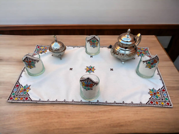 Embroidered Tray Cover & Napkins, Authentic Moroccan Hand embroidered linen Tray cloth + 6 napkins, Orange Tray Cover, heartwarming gift.