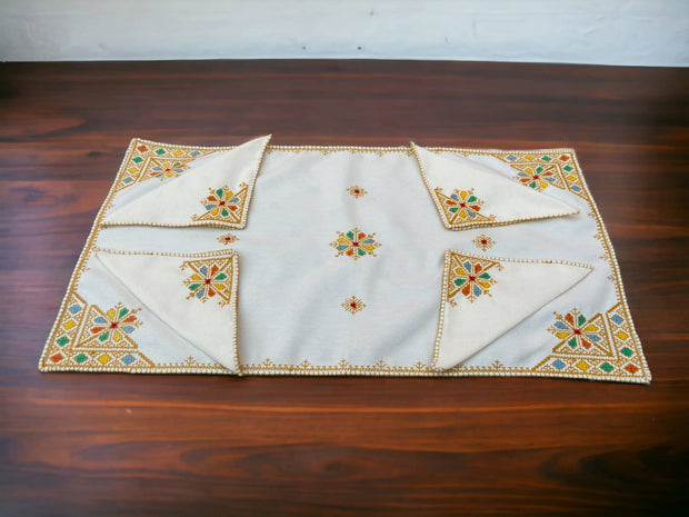 Embroidered Tray Cover & Napkins, Authentic Moroccan Hand embroidered linen Tray cloth + 6 napkins, Orange Tray Cover, heartwarming gift.